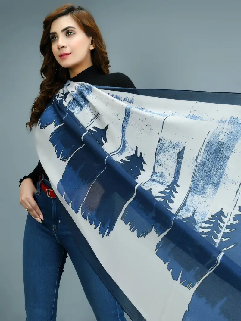 Versatile Printed Viscose Scarf – Navy Blue