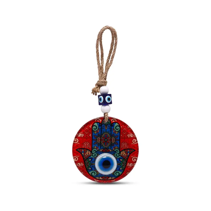 Vibrant Blue and Red Glass Hamsa Wall Art for Home Decor