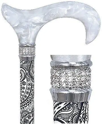 White Pearlz & Rhinestone Collar Adjustable Folding Cane with Black Swirl Design – Scratch & Dent