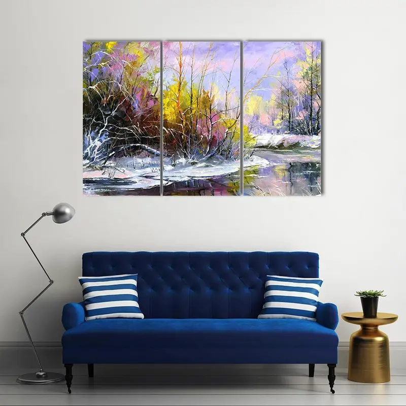 Winter River Landscape Canvas Painting – Frosted Woodland Scene