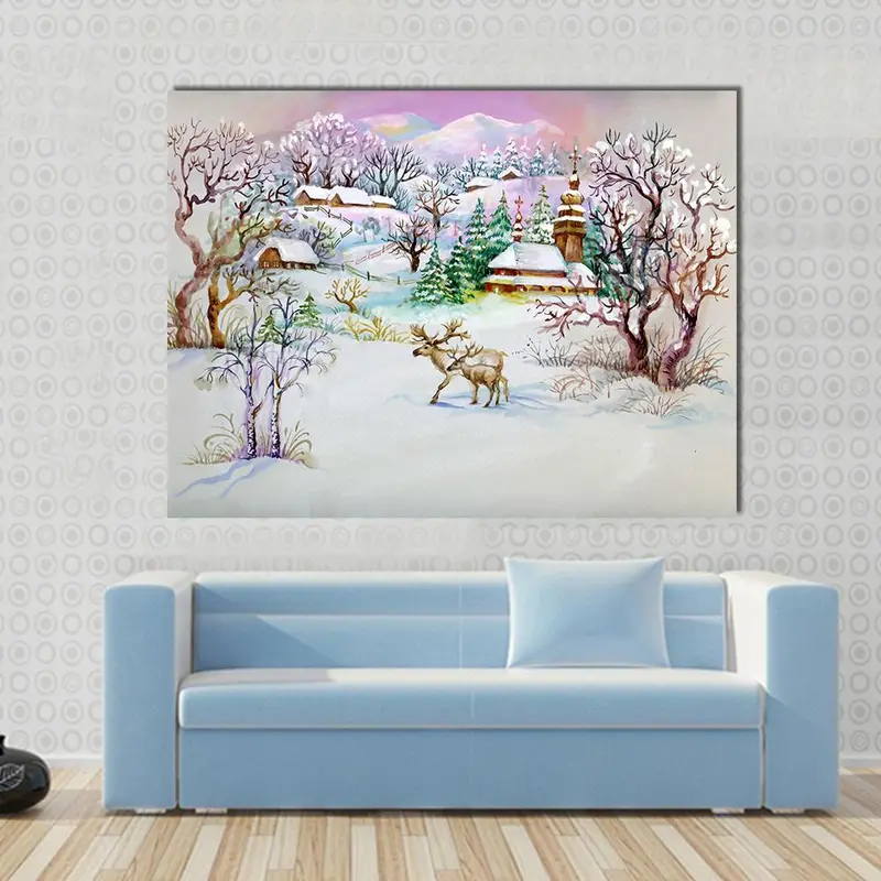 Winter Village Life Scene Canvas Wall Art