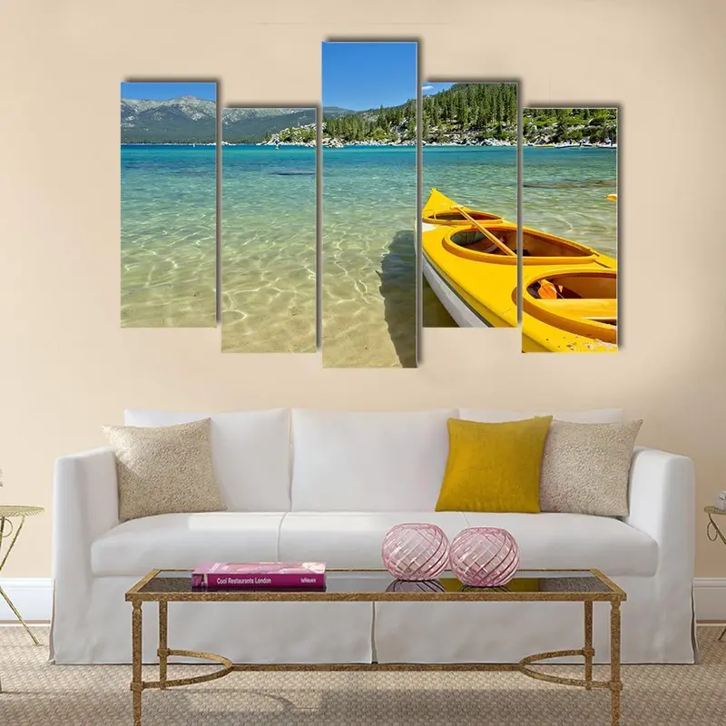 Yellow Kayak Beach Scene Canvas Art Print