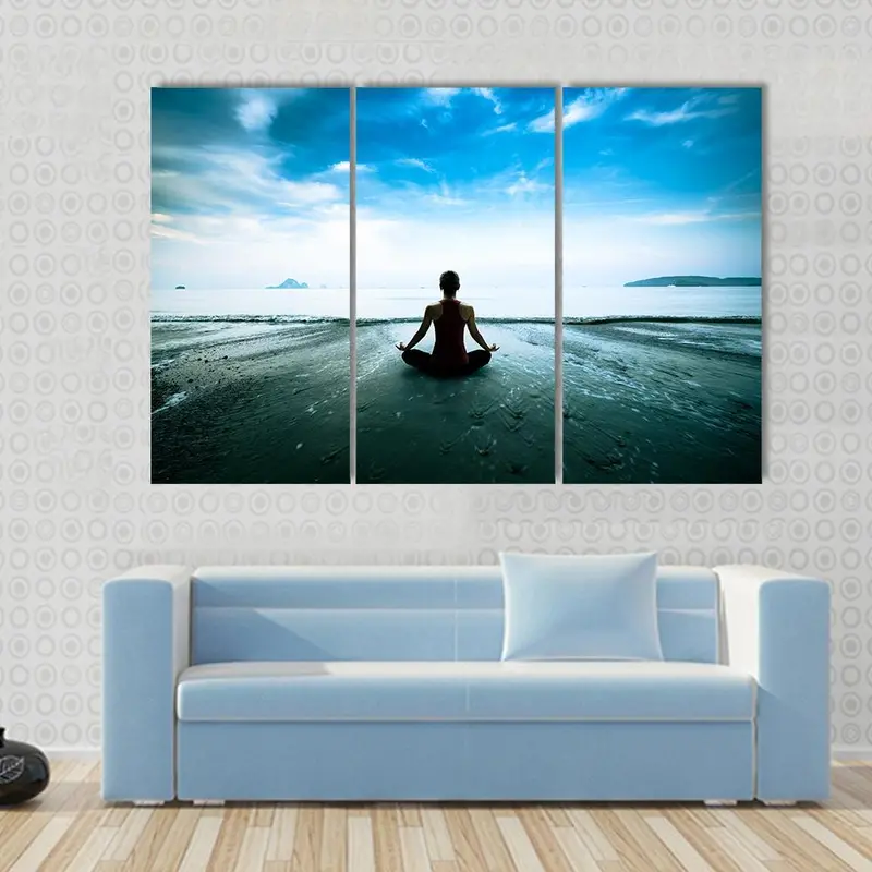 Young Woman Yoga Silhouette on Beach Canvas Art